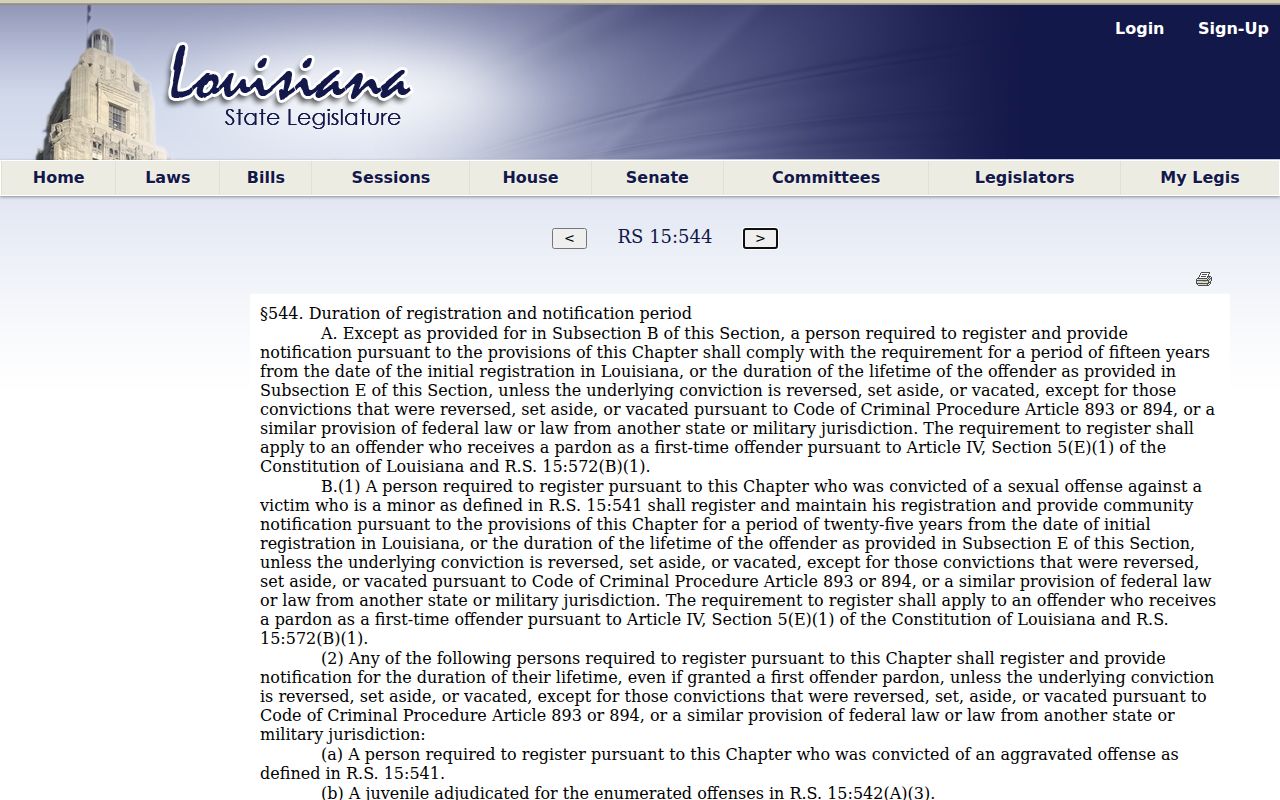 Louisiana law governing sex offender registration durations and Bienville Parish registrants