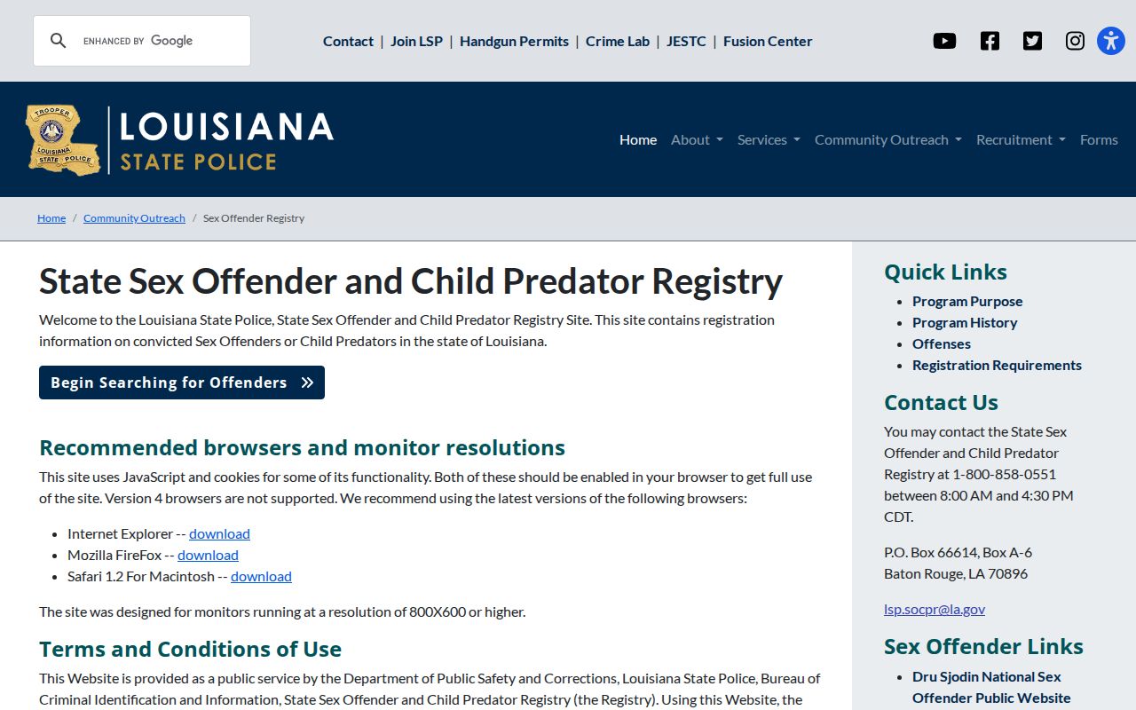 Louisiana State Police sex offender registry information for Bienville Parish searches